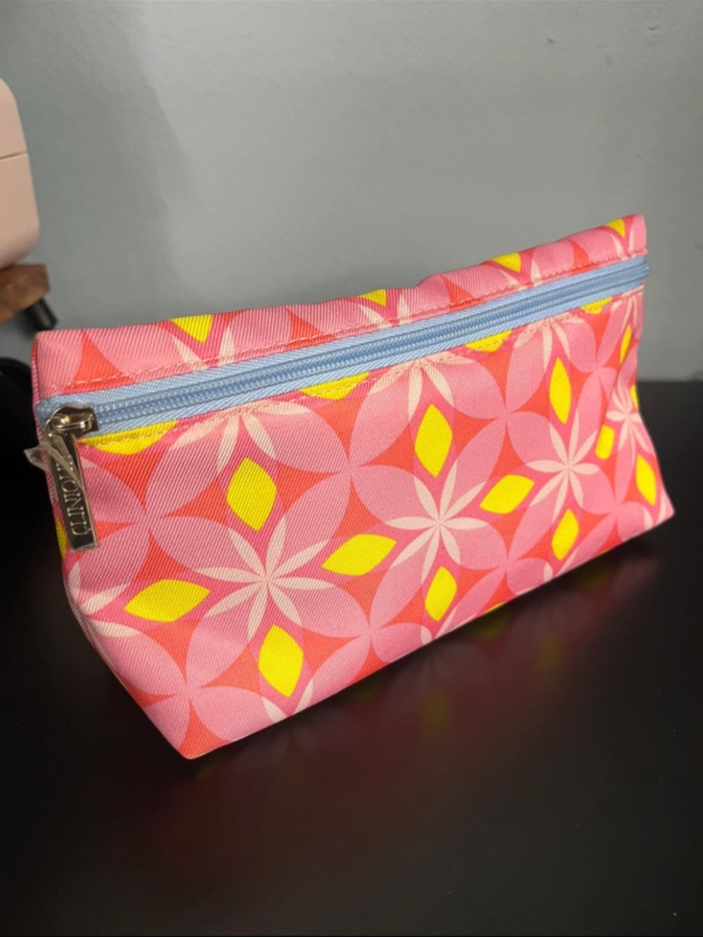 Clinique Pink Floral Zip Cosmetic Pouch with Yellow Accents
